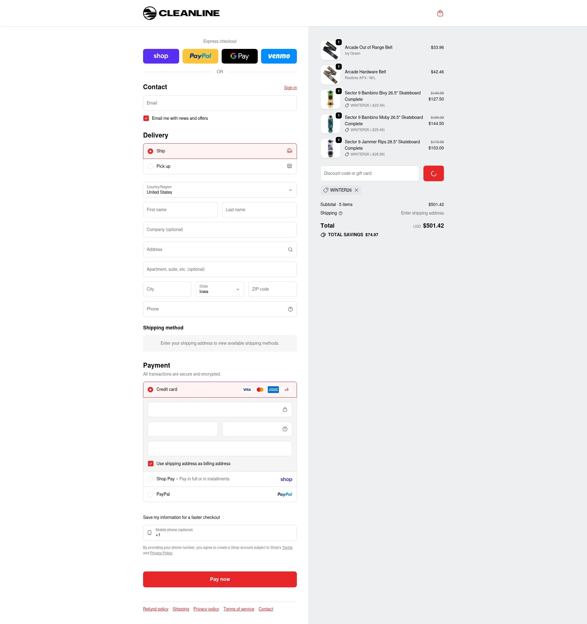 Cleanline Surf checkout page showing Cleanline Surf discount code box | Screenshot taken by SimplyCodes community member on Jan 31, 2026