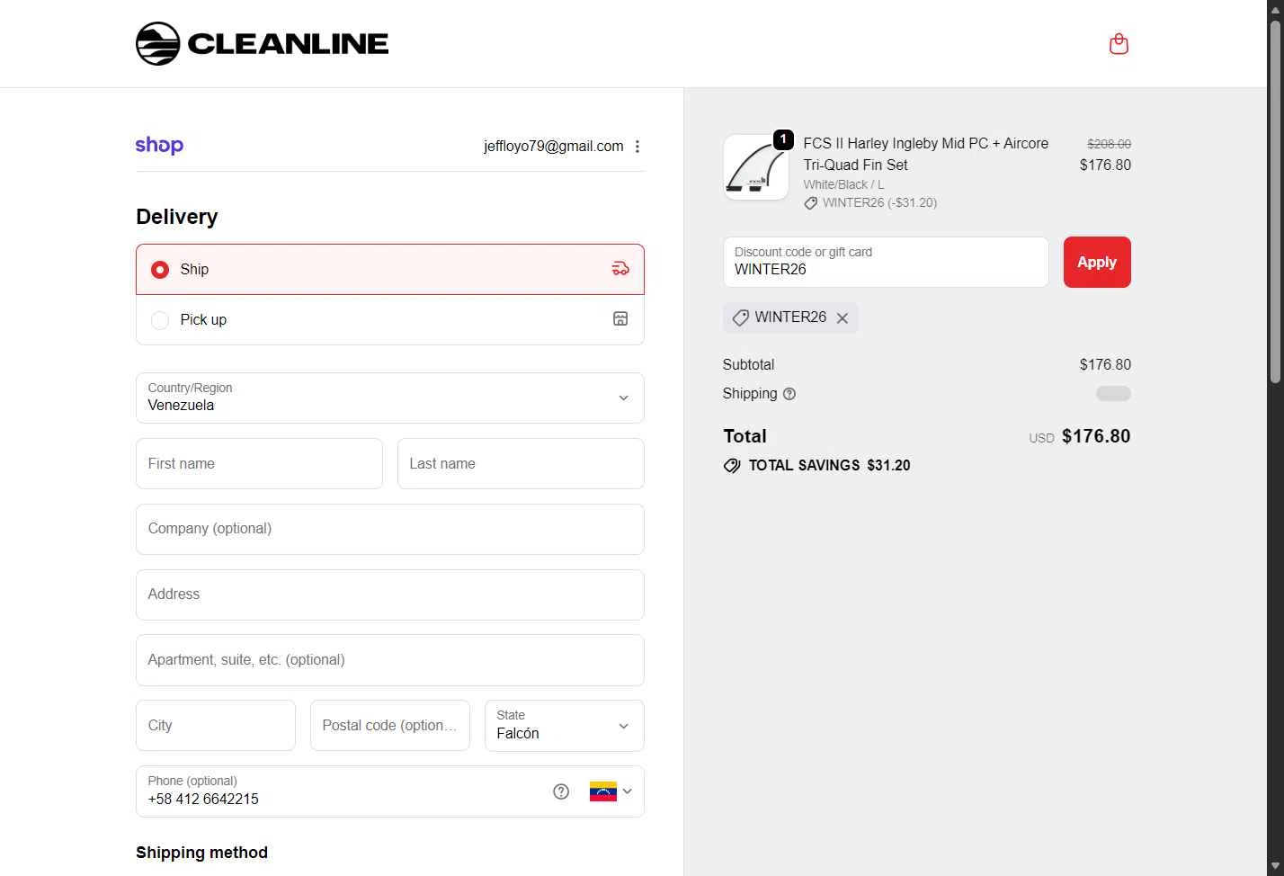 Cleanline Surf checkout page showing Cleanline Surf discount code box | Screenshot taken by SimplyCodes community member on Jan 9, 2026