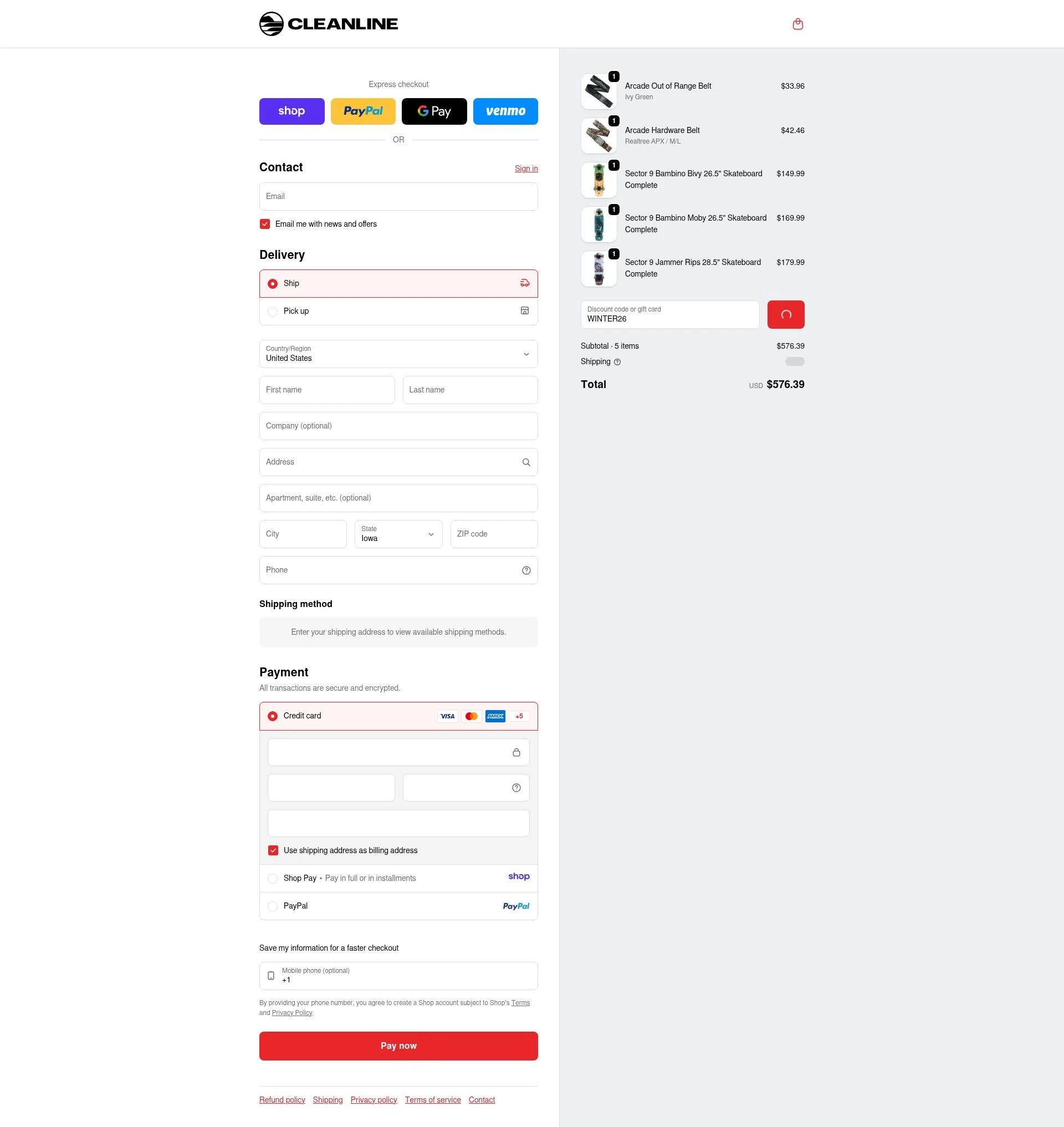 Cleanline Surf checkout page showing Cleanline Surf discount code box | Screenshot taken by SimplyCodes community member on Jan 17, 2026