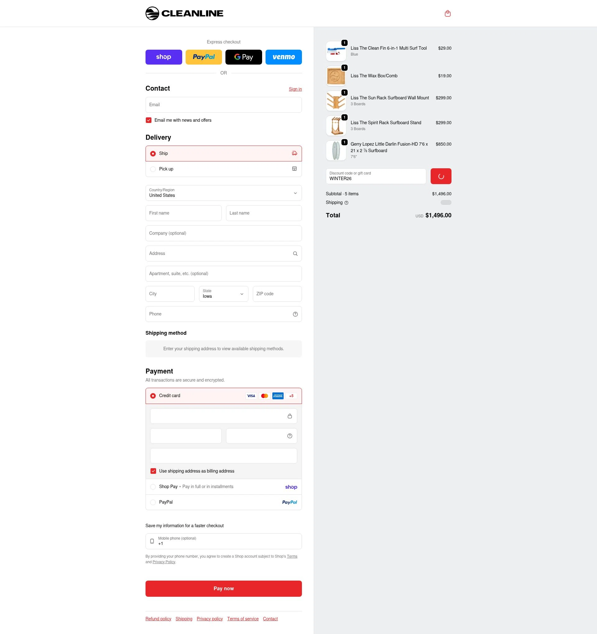 Cleanline Surf checkout page showing Cleanline Surf discount code box | Screenshot taken by SimplyCodes community member on Feb 18, 2026