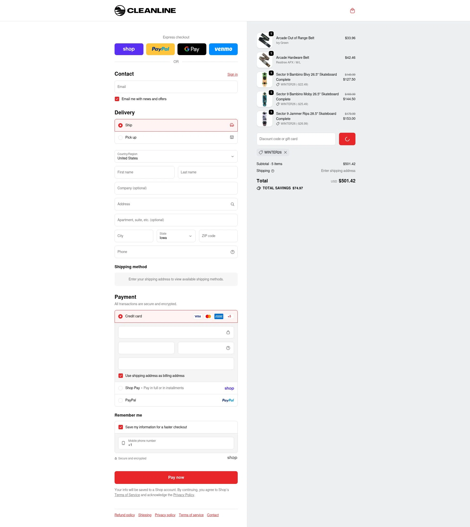 Cleanline Surf checkout page showing Cleanline Surf discount code box | Screenshot taken by SimplyCodes community member on Jan 22, 2026