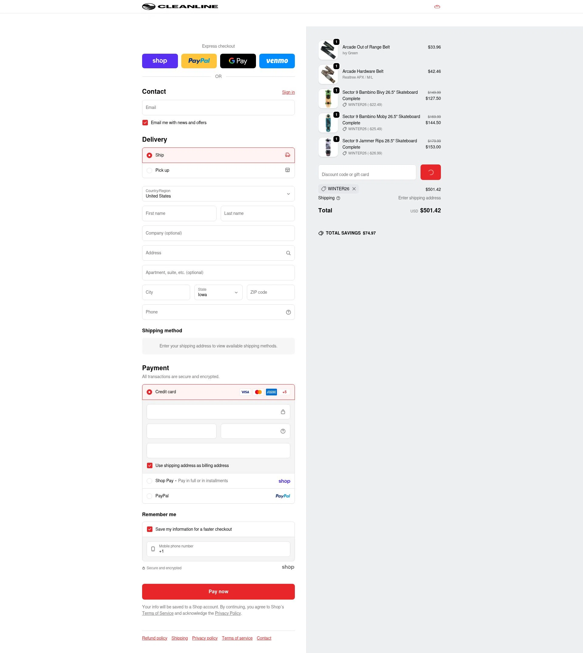 Cleanline Surf checkout page showing Cleanline Surf discount code box | Screenshot taken by SimplyCodes community member on Jan 27, 2026