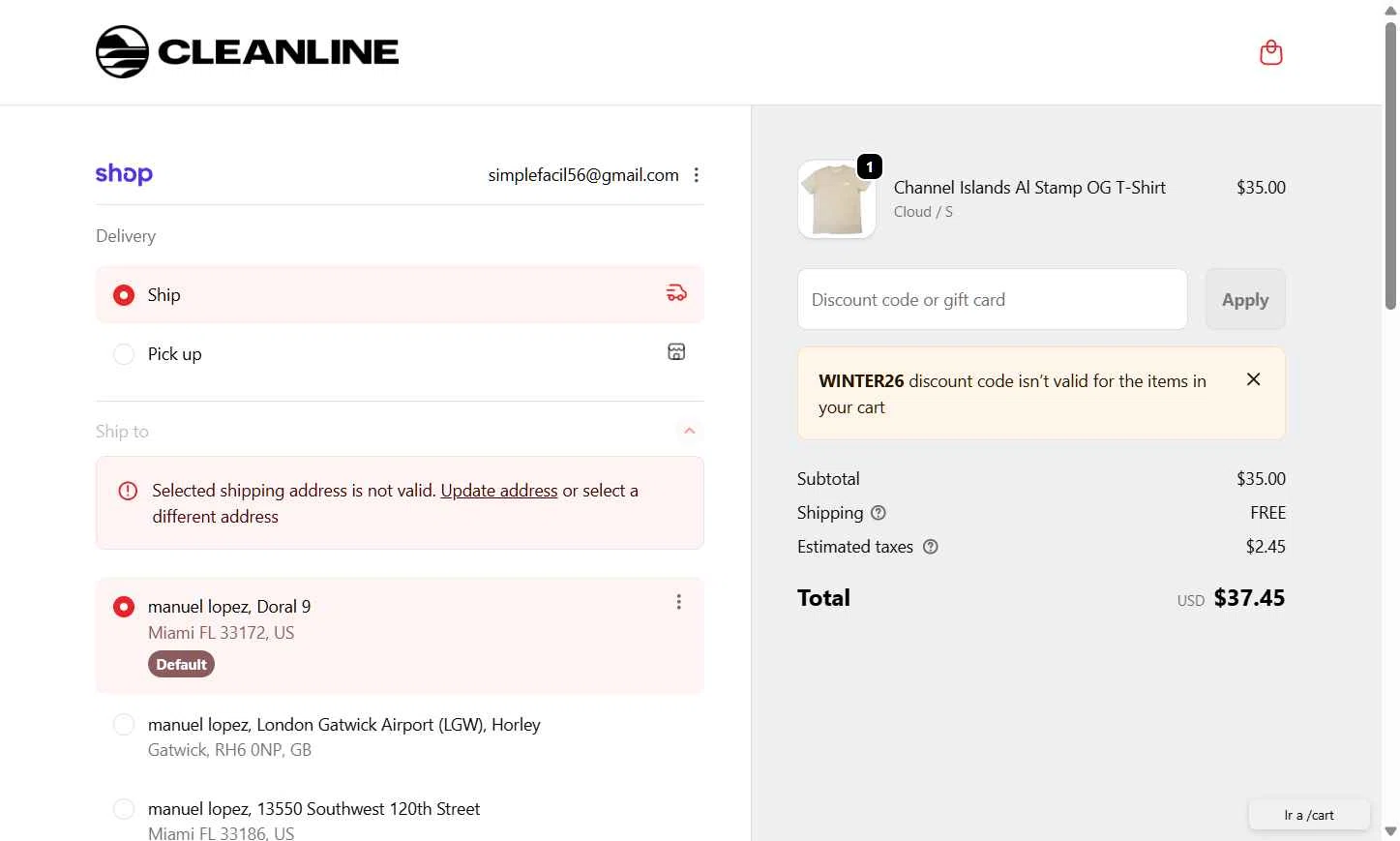 Cleanline Surf checkout page showing Cleanline Surf discount code box | Screenshot taken by SimplyCodes community member on Feb 5, 2026
