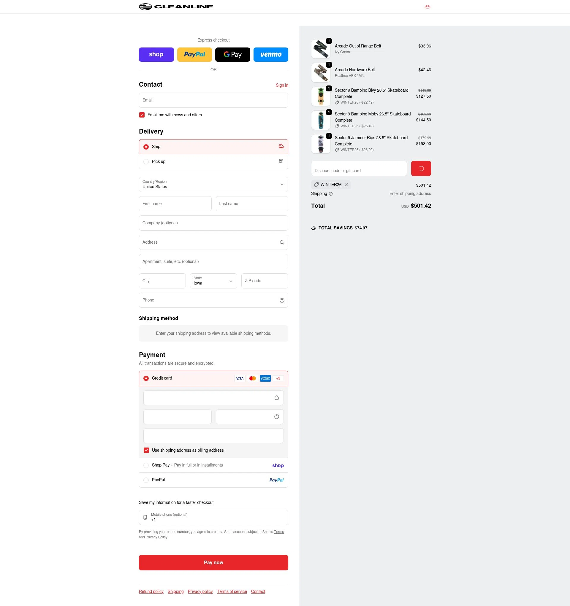 Cleanline Surf checkout page showing Cleanline Surf discount code box | Screenshot taken by SimplyCodes community member on Feb 10, 2026