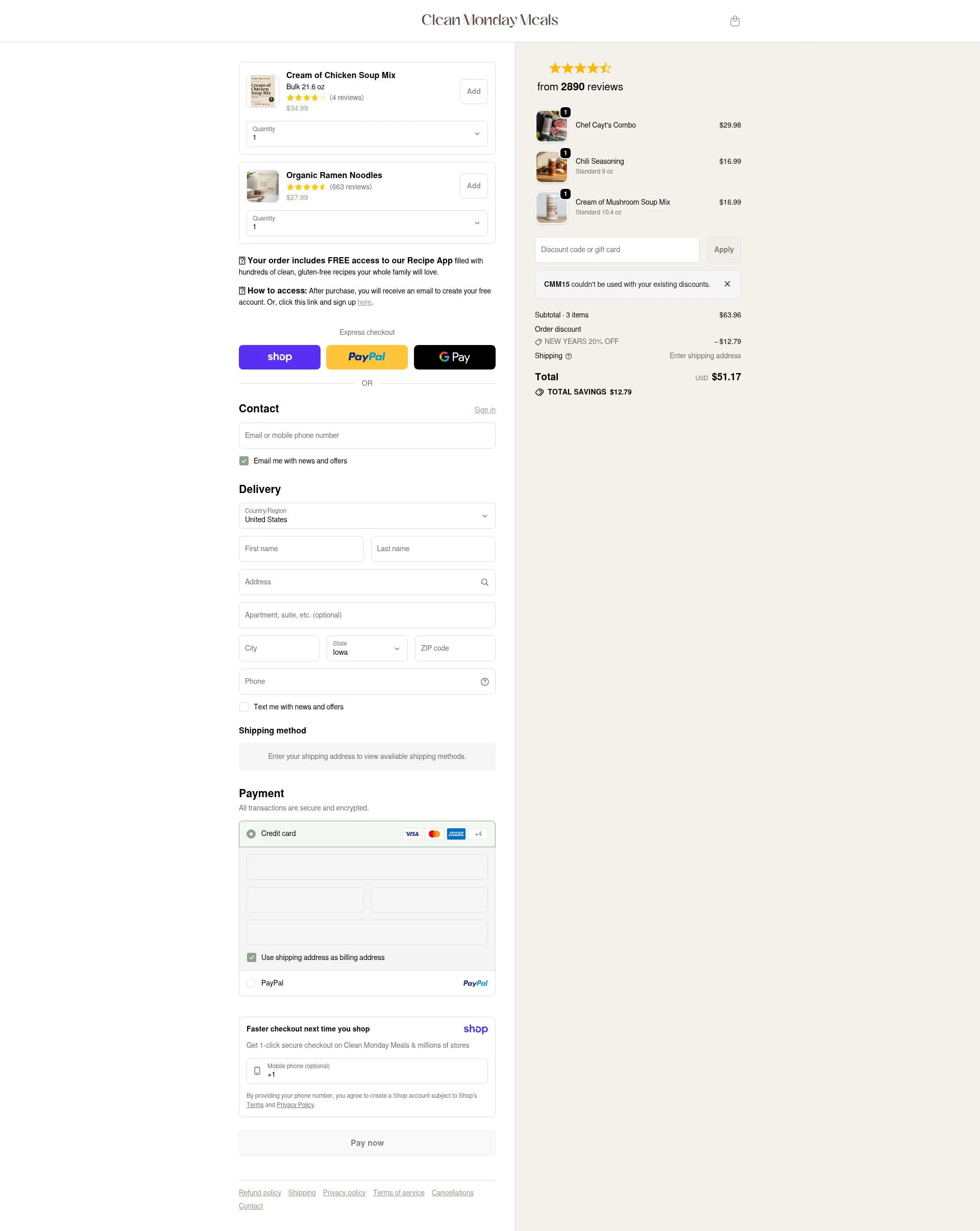Clean Monday Meals checkout page showing Clean Monday Meals discount code box | Screenshot taken by SimplyCodes community member on Jan 8, 2026