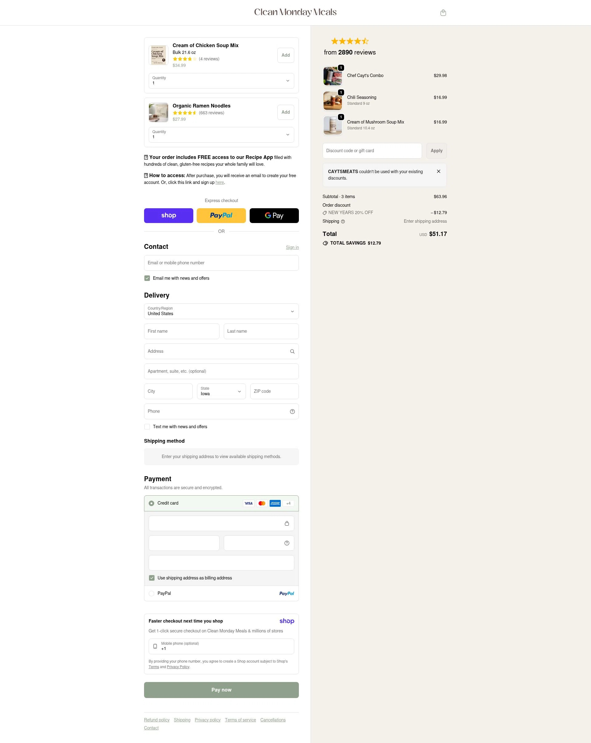 Clean Monday Meals checkout page showing Clean Monday Meals discount code box | Screenshot taken by SimplyCodes community member on Jan 8, 2026