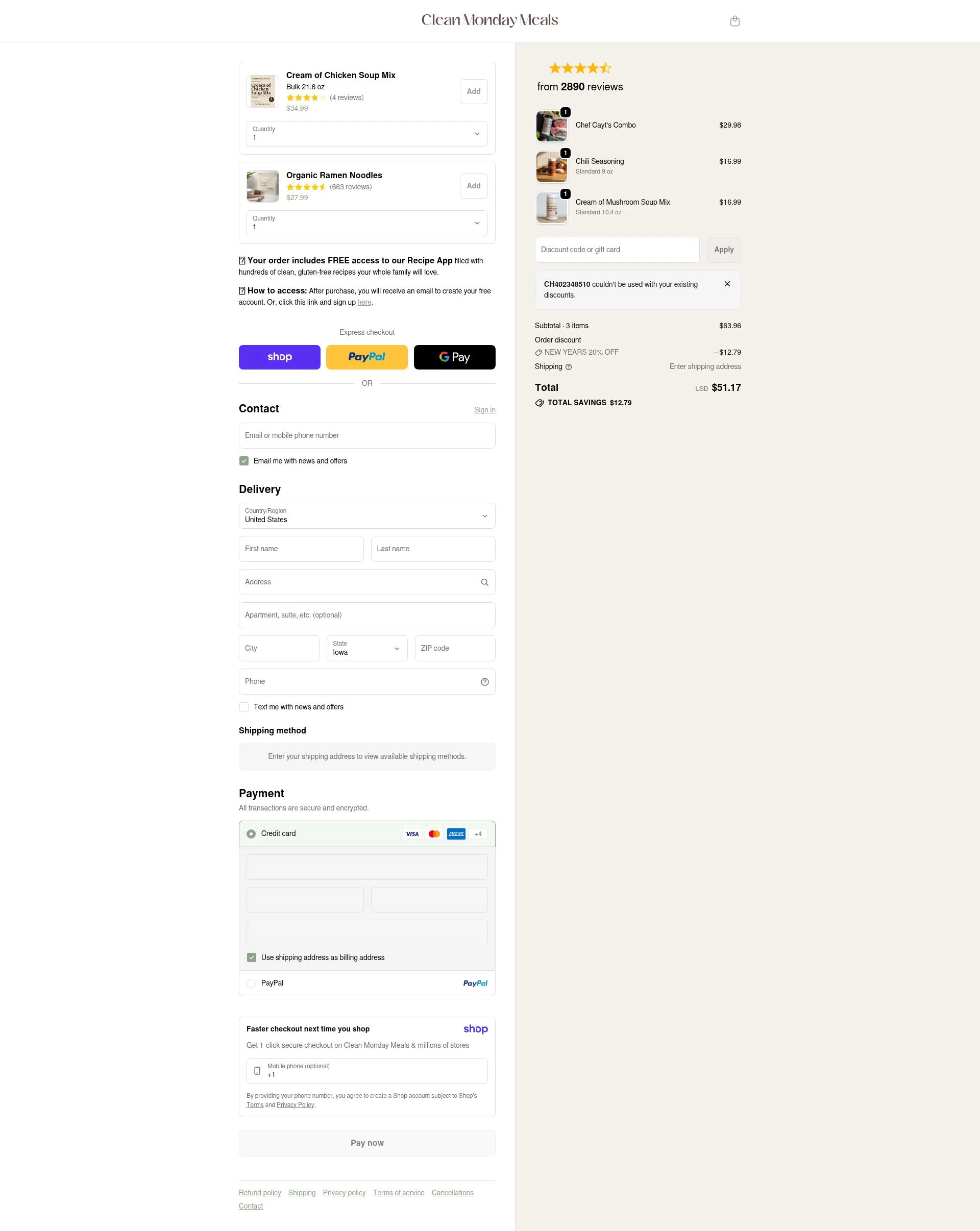 Clean Monday Meals checkout page showing Clean Monday Meals discount code box | Screenshot taken by SimplyCodes community member on Jan 8, 2026