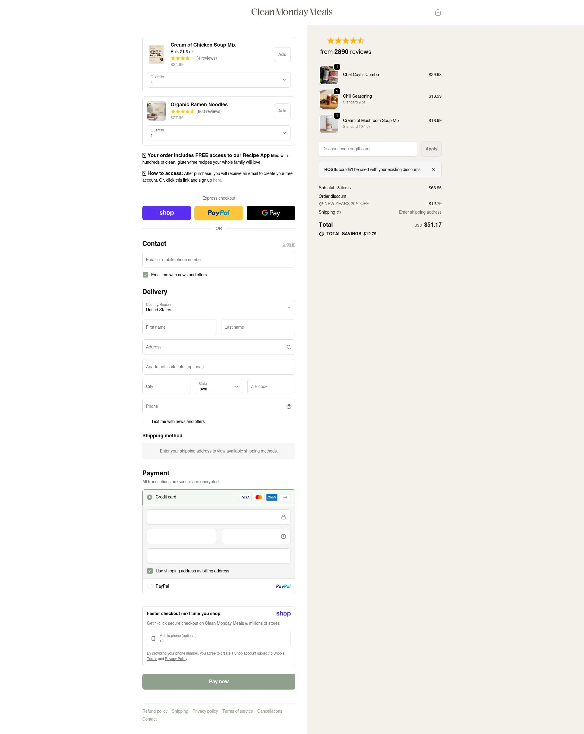 Clean Monday Meals checkout page showing Clean Monday Meals discount code box | Screenshot taken by SimplyCodes community member on Jan 8, 2026
