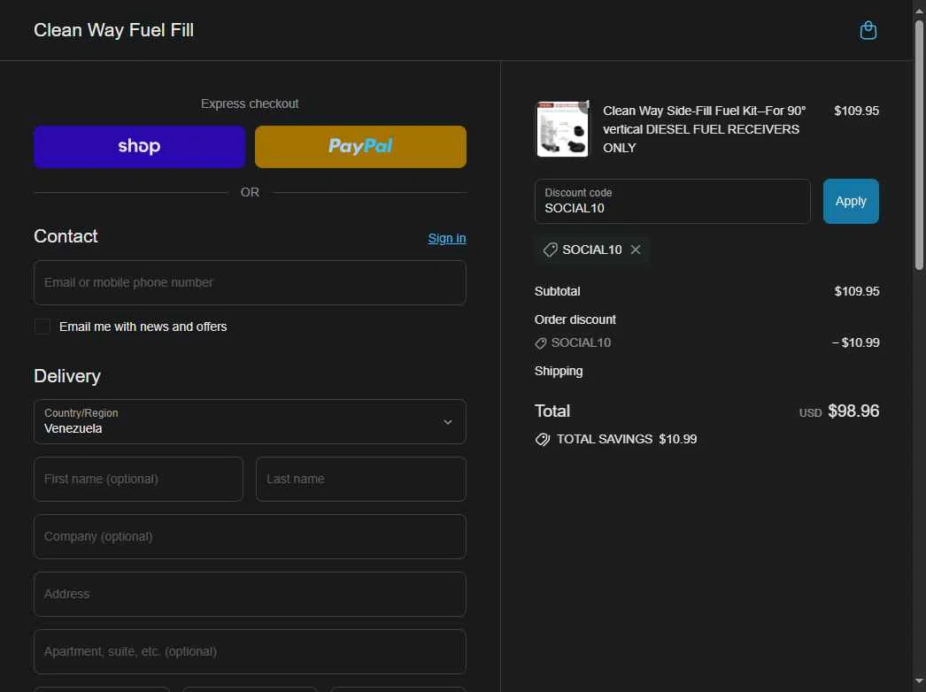 Clean Way Fuel Fill checkout page showing Clean Way Fuel Fill promo code box | Screenshot taken by SimplyCodes community member on Sep 14, 2025