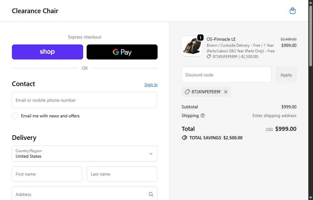 Clearance Chair checkout page showing Clearance Chair promo code box | Screenshot taken by SimplyCodes community member on Nov 30, 2025