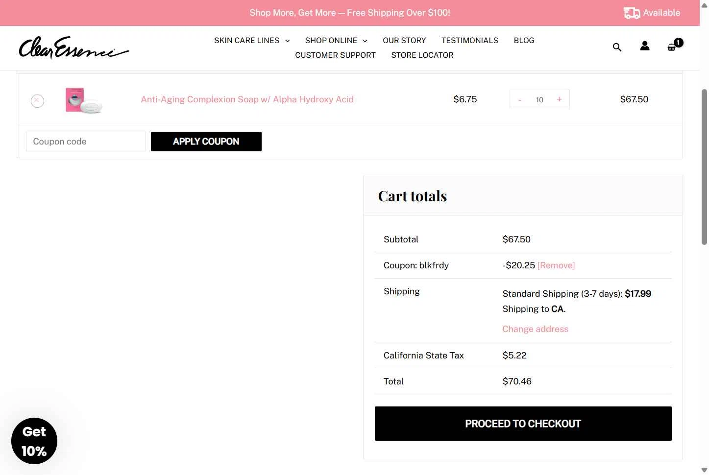 Clear Essence checkout page showing Clear Essence coupon code box | Screenshot taken by SimplyCodes community member on Nov 27, 2025