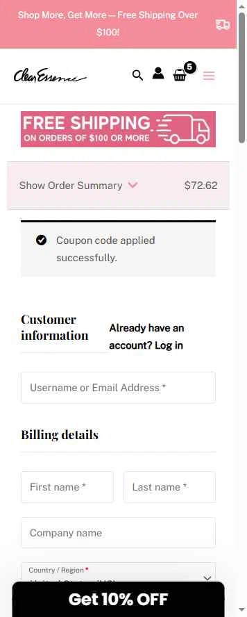 Clear Essence checkout page showing Clear Essence coupon code box | Screenshot taken by SimplyCodes community member on Dec 1, 2025