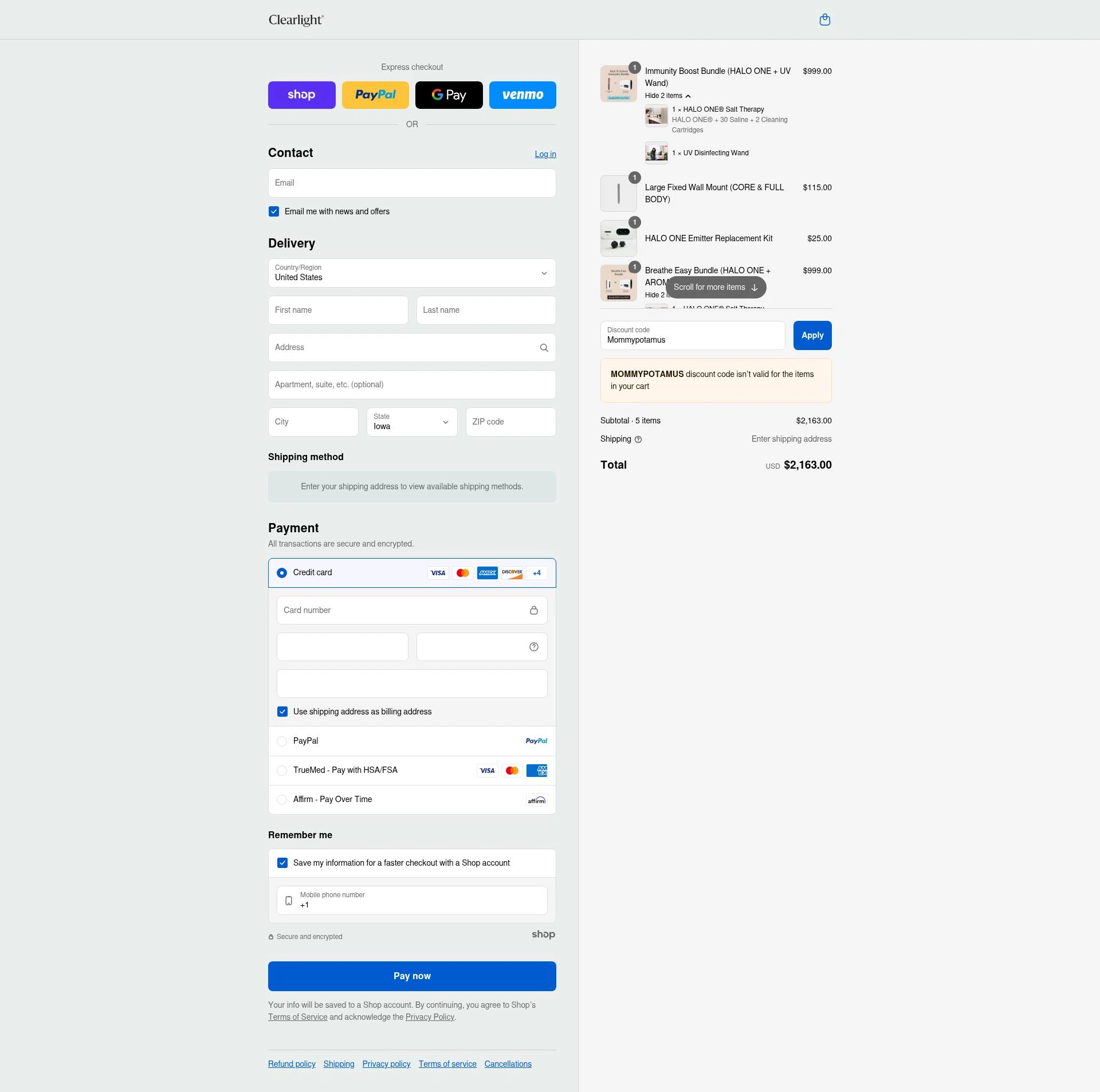 Clearlight checkout page showing Clearlight promo code box | Screenshot taken by SimplyCodes community member on Sep 7, 2025