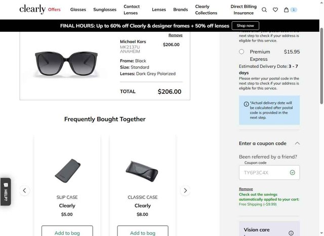 Clearly CA checkout page showing Clearly CA promo code box | Screenshot taken by SimplyCodes community member on Sep 2, 2025