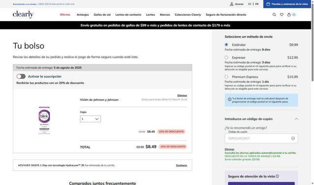 Clearly CA checkout page showing Clearly CA promo code box | Screenshot taken by SimplyCodes community member on Jul 28, 2025
