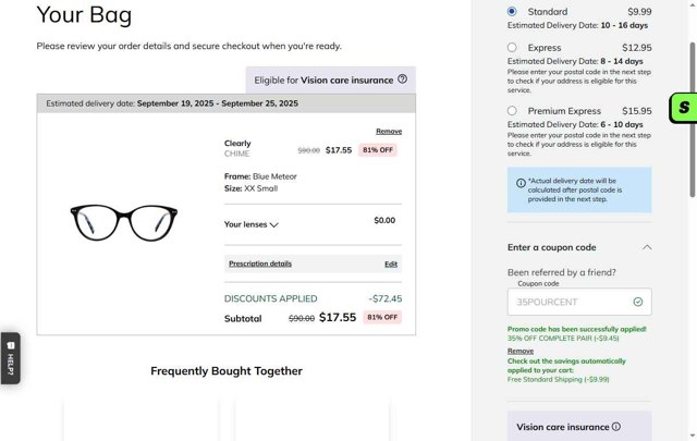 Clearly CA checkout page showing Clearly CA promo code box | Screenshot taken by SimplyCodes community member on Sep 9, 2025