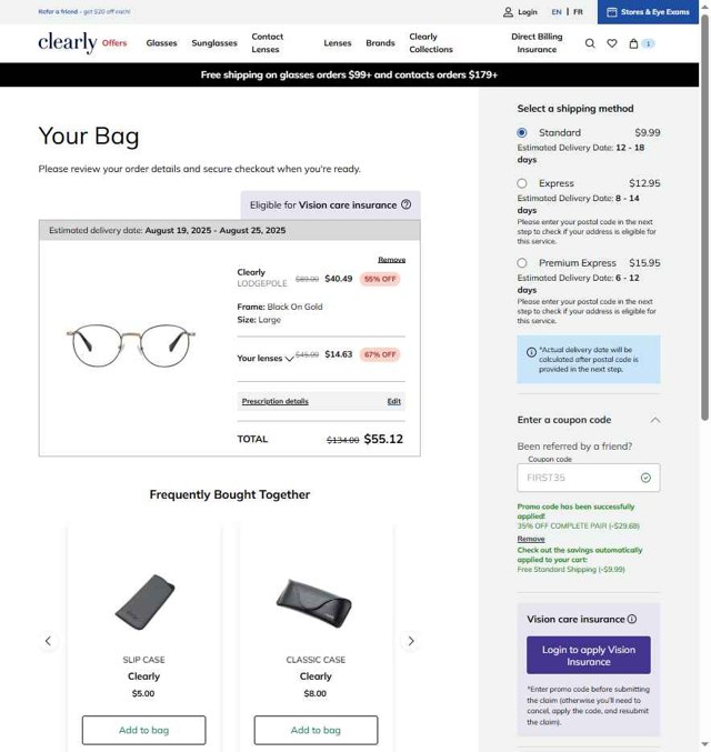 Clearly CA checkout page showing Clearly CA promo code box | Screenshot taken by SimplyCodes community member on Aug 7, 2025