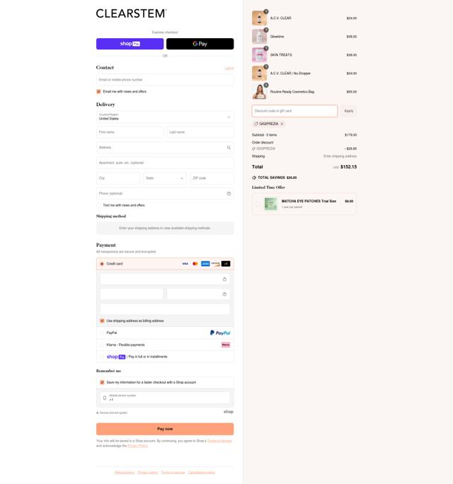 CLEARSTEM checkout page showing CLEARSTEM discount code box | Screenshot taken by SimplyCodes community member on Apr 16, 2025