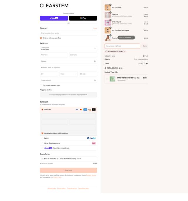 CLEARSTEM checkout page showing CLEARSTEM discount code box | Screenshot taken by SimplyCodes community member on Apr 16, 2025