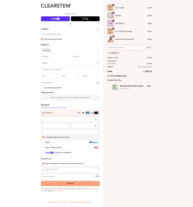 CLEARSTEM checkout page showing CLEARSTEM discount code box | Screenshot taken by SimplyCodes community member on Apr 16, 2025