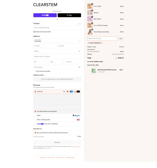 CLEARSTEM checkout page showing CLEARSTEM discount code box | Screenshot taken by SimplyCodes community member on Apr 16, 2025