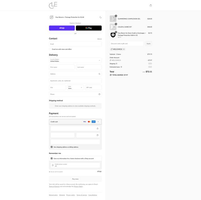 Cle Cosmetics checkout page showing Cle Cosmetics promo code box | Screenshot taken by SimplyCodes community member on Sep 16, 2025