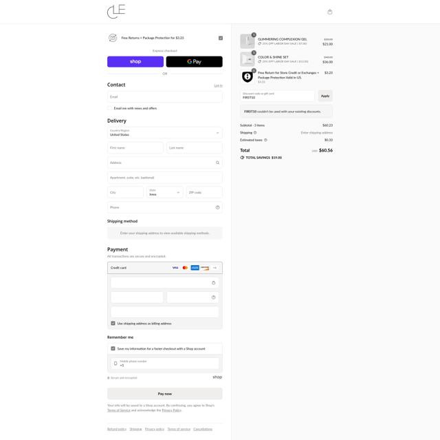 Cle Cosmetics checkout page showing Cle Cosmetics promo code box | Screenshot taken by SimplyCodes community member on Aug 30, 2025