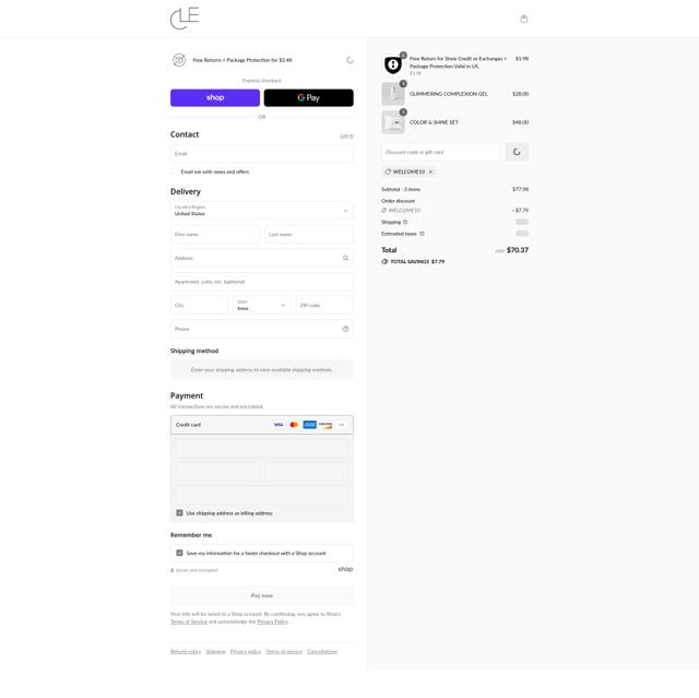 Cle Cosmetics checkout page showing Cle Cosmetics promo code box | Screenshot taken by SimplyCodes community member on Sep 8, 2025