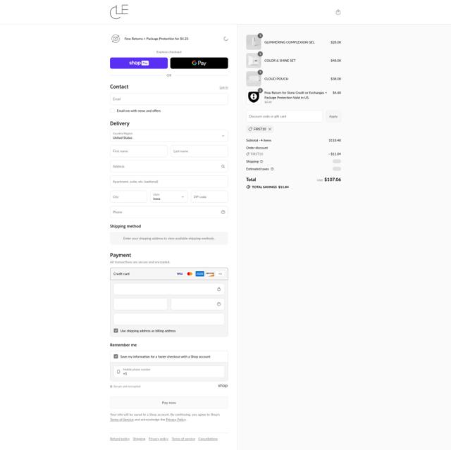 Cle Cosmetics checkout page showing Cle Cosmetics promo code box | Screenshot taken by SimplyCodes community member on Aug 26, 2025