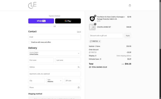 Cle Cosmetics checkout page showing Cle Cosmetics promo code box | Screenshot taken by SimplyCodes community member on Aug 14, 2025