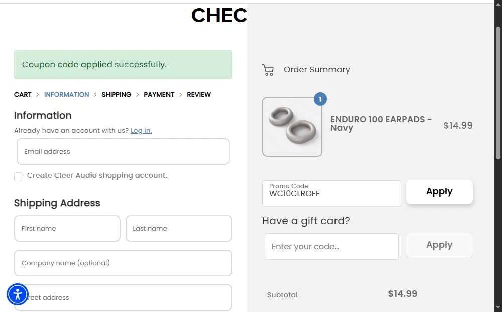 Cleer Audio checkout page showing Cleer Audio promo code box | Screenshot taken by SimplyCodes community member on Oct 16, 2025