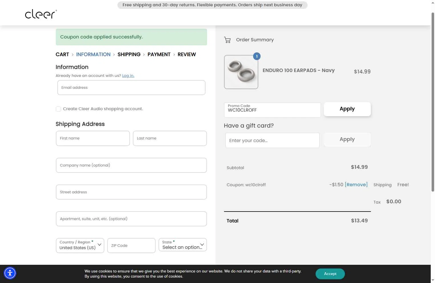 Cleer Audio checkout page showing Cleer Audio promo code box | Screenshot taken by SimplyCodes community member on Dec 16, 2025