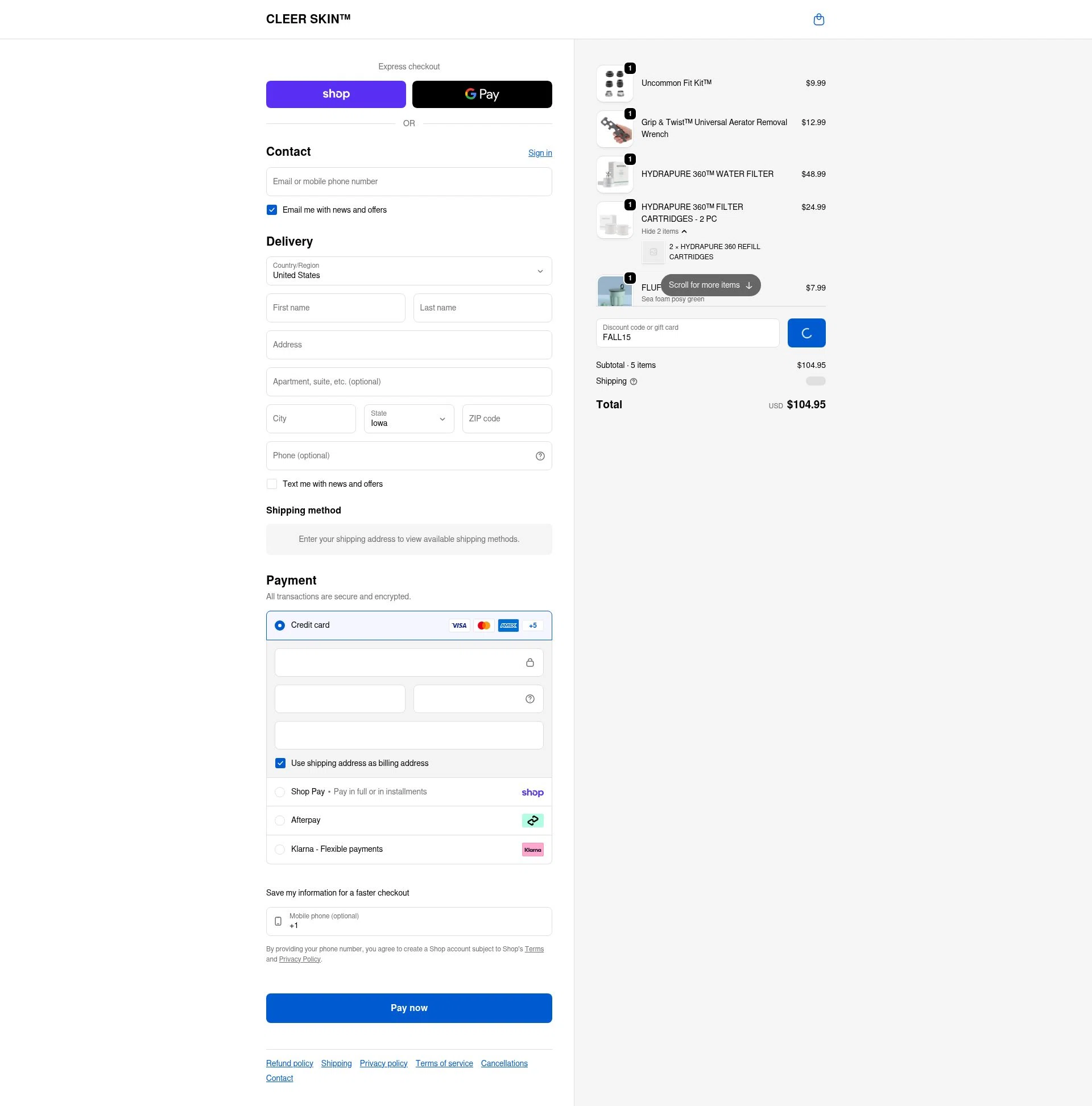 Cleer Skin checkout page showing Cleer Skin promo code box | Screenshot taken by SimplyCodes community member on Feb 10, 2026