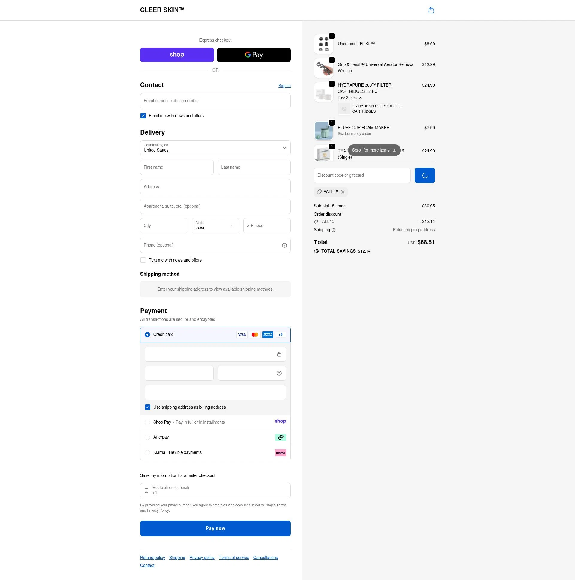 Cleer Skin checkout page showing Cleer Skin promo code box | Screenshot taken by SimplyCodes community member on Jan 13, 2026