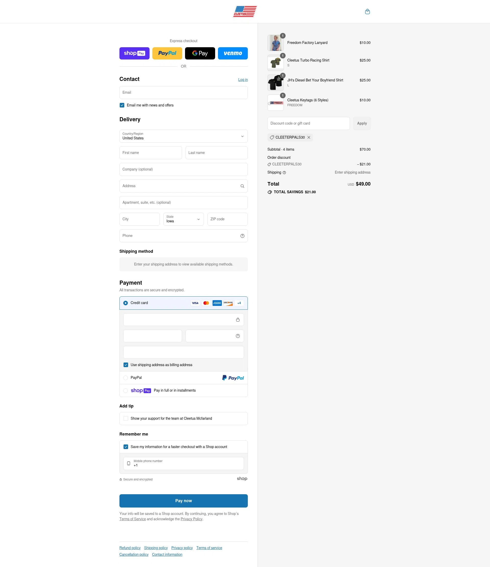 Cleetus Mcfarland checkout page showing Cleetus Mcfarland discount code box | Screenshot taken by SimplyCodes community member on Jul 9, 2025
