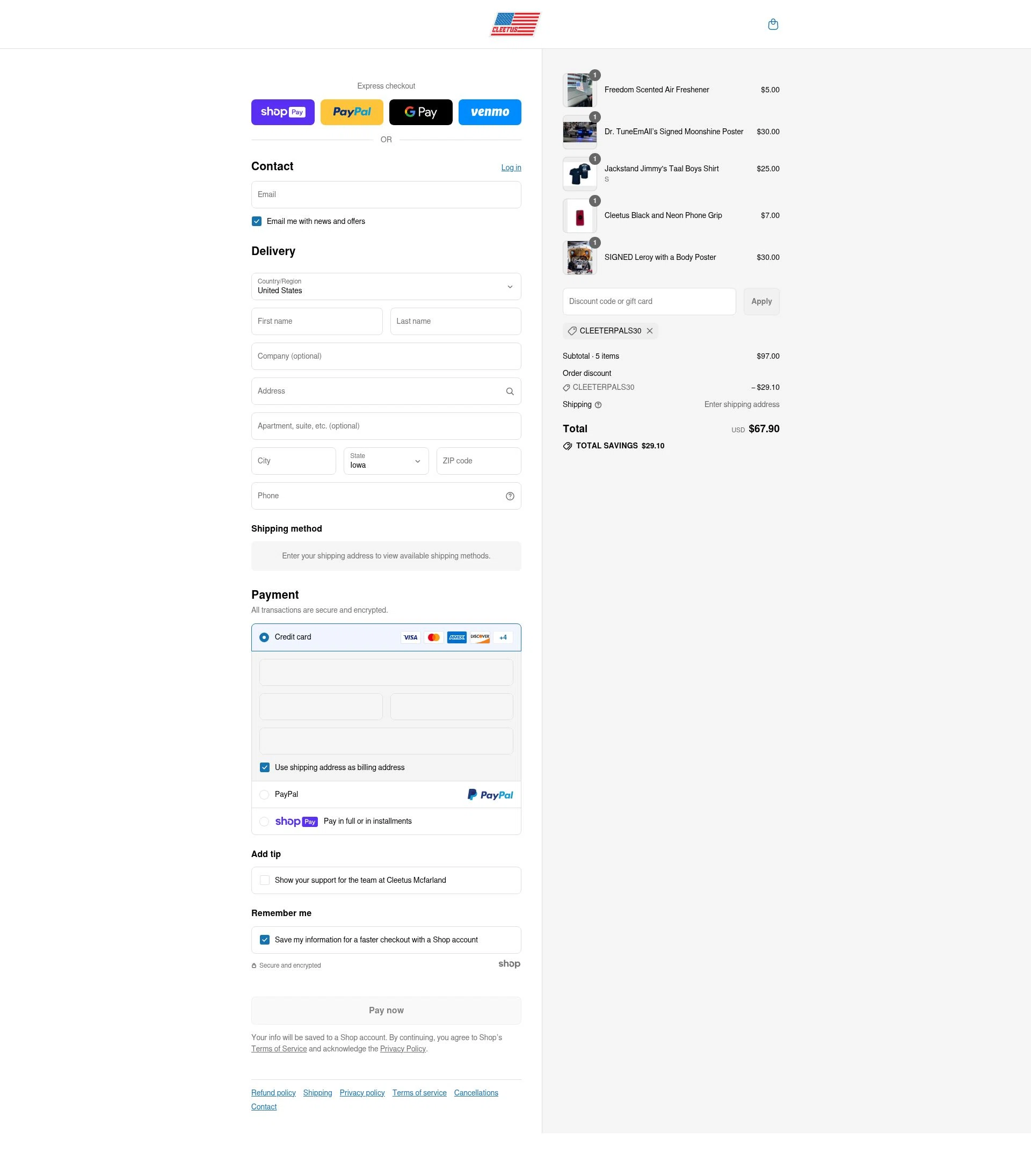Cleetus Mcfarland checkout page showing Cleetus Mcfarland discount code box | Screenshot taken by SimplyCodes community member on Jul 31, 2025