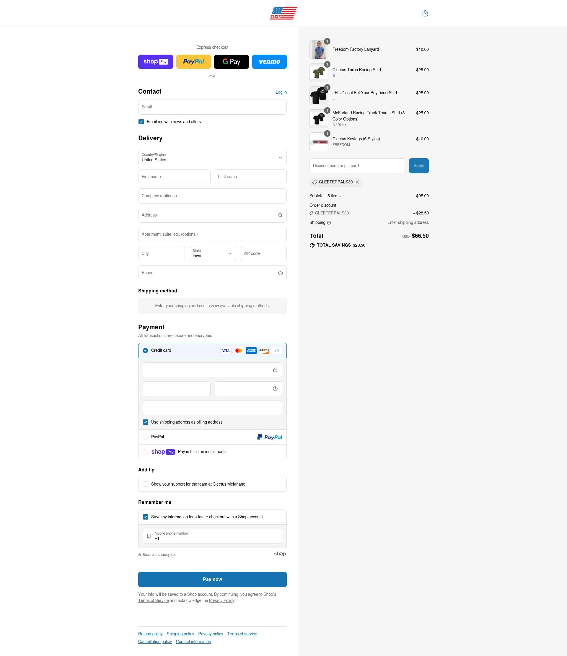 Cleetus Mcfarland checkout page showing Cleetus Mcfarland discount code box | Screenshot taken by SimplyCodes community member on Jul 13, 2025
