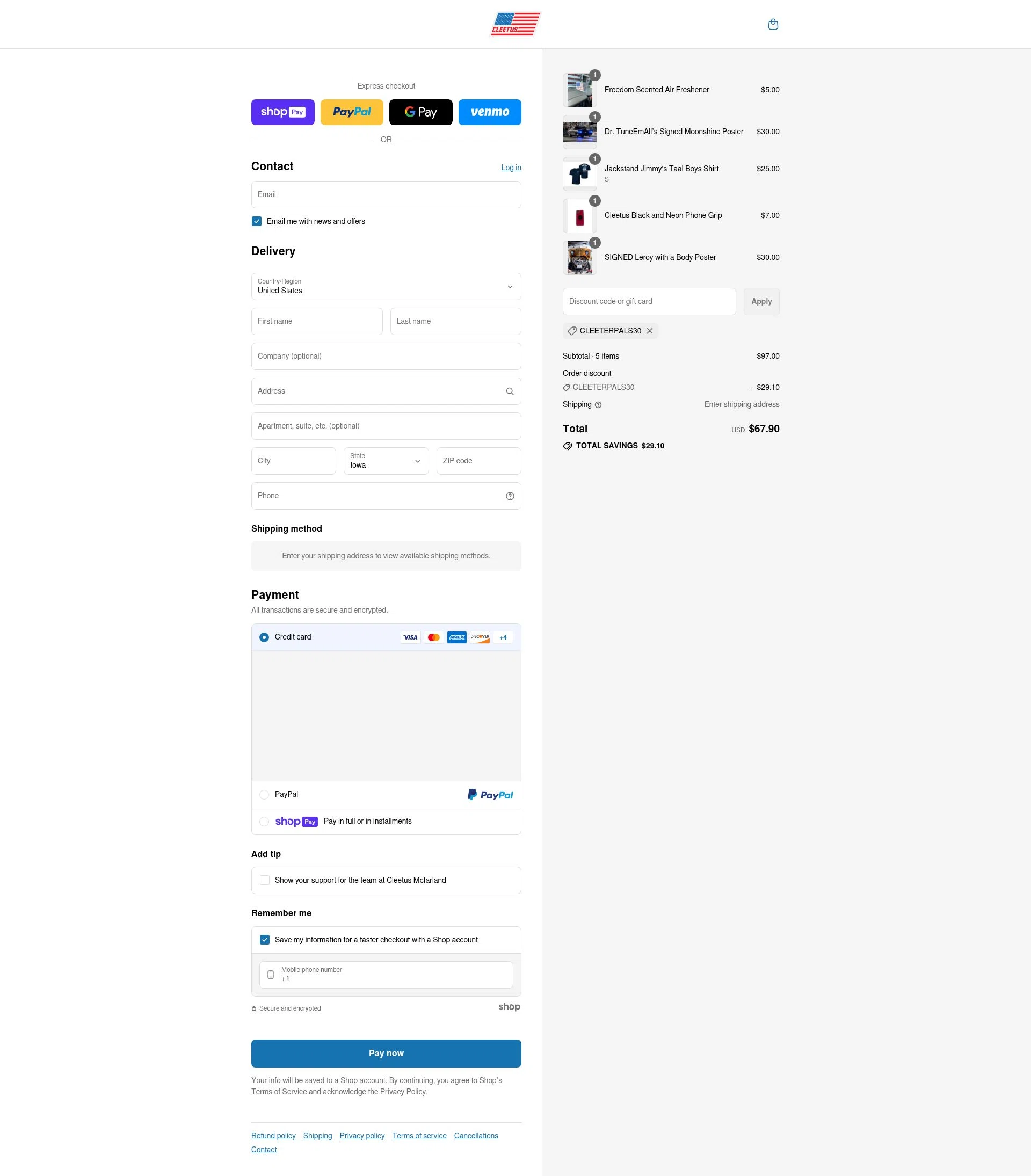 Cleetus Mcfarland checkout page showing Cleetus Mcfarland discount code box | Screenshot taken by SimplyCodes community member on Aug 4, 2025