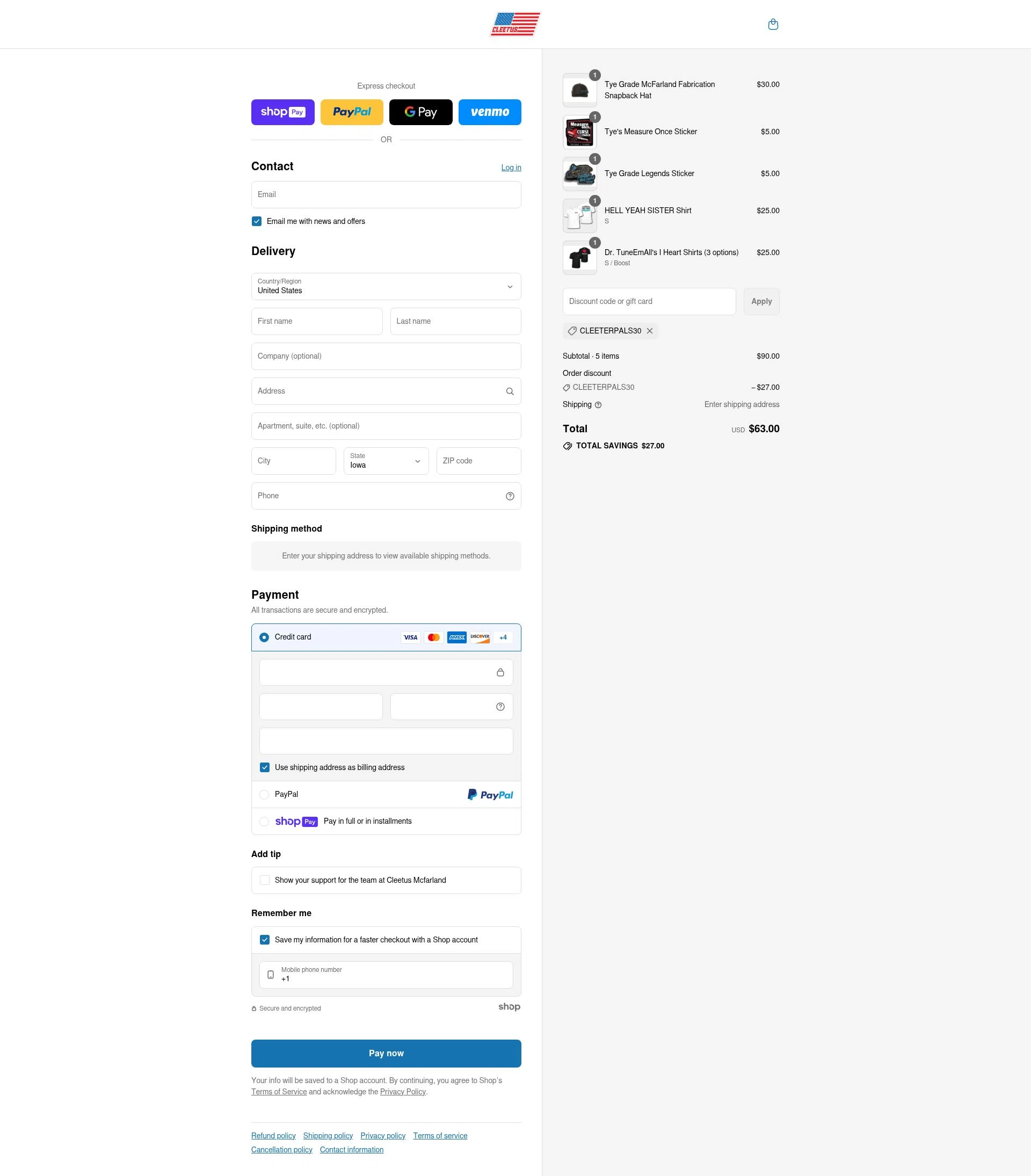 Cleetus Mcfarland checkout page showing Cleetus Mcfarland discount code box | Screenshot taken by SimplyCodes community member on Jul 22, 2025