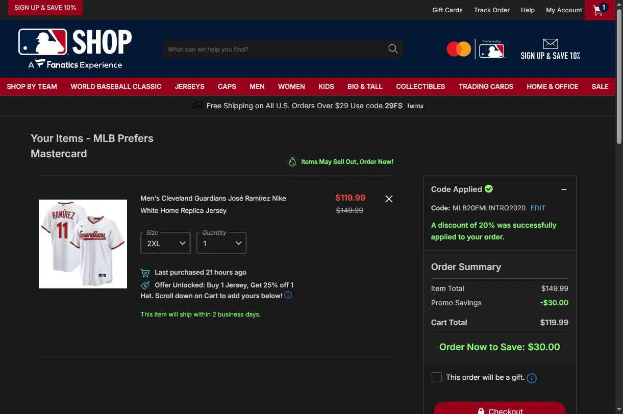 Cleveland Guardians checkout page showing Cleveland Guardians coupon code box | Screenshot taken by SimplyCodes community member on Jan 27, 2026