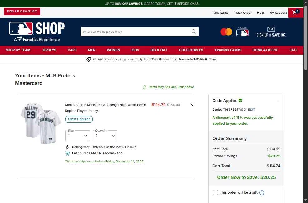 Cleveland Guardians checkout page showing Cleveland Guardians coupon code box | Screenshot taken by SimplyCodes community member on Dec 12, 2025