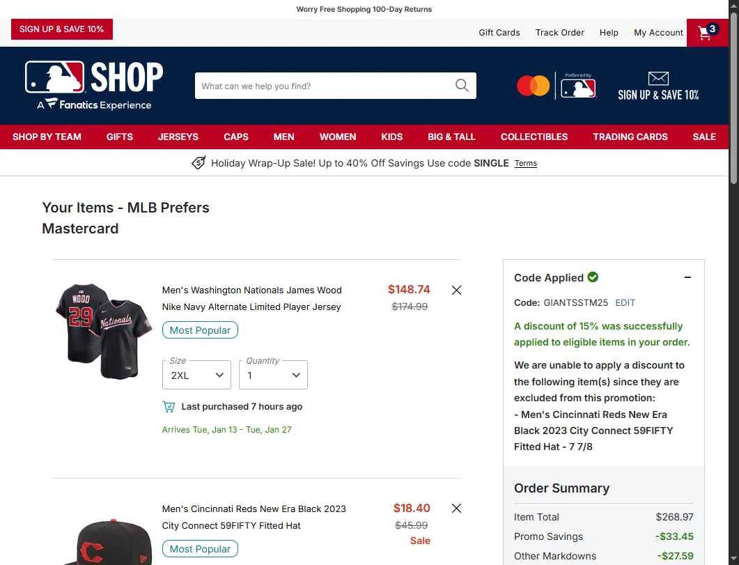 Cleveland Guardians checkout page showing Cleveland Guardians coupon code box | Screenshot taken by SimplyCodes community member on Dec 27, 2025