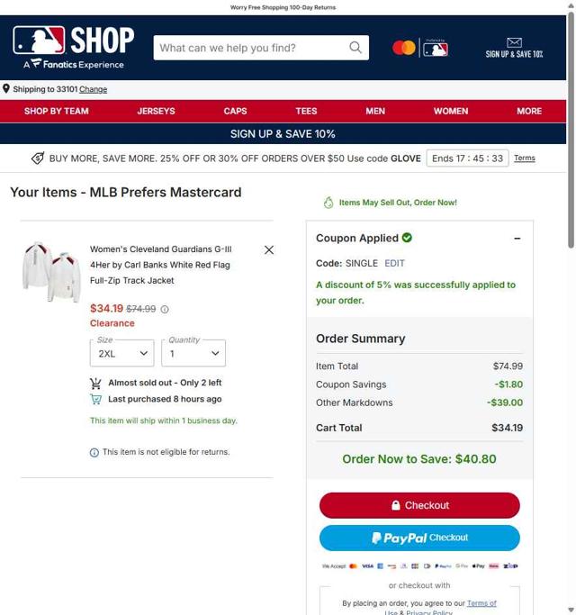 Cleveland Guardians checkout page showing Cleveland Guardians coupon code box | Screenshot taken by SimplyCodes community member on Sep 30, 2025