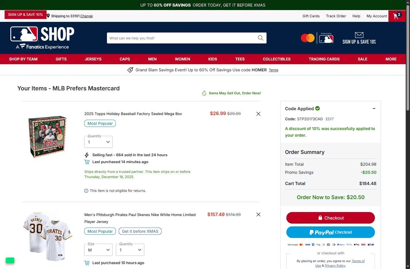 Cleveland Guardians checkout page showing Cleveland Guardians coupon code box | Screenshot taken by SimplyCodes community member on Dec 12, 2025