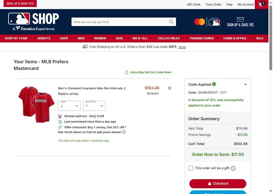 Cleveland Guardians checkout page showing Cleveland Guardians coupon code box | Screenshot taken by SimplyCodes community member on Jan 13, 2026