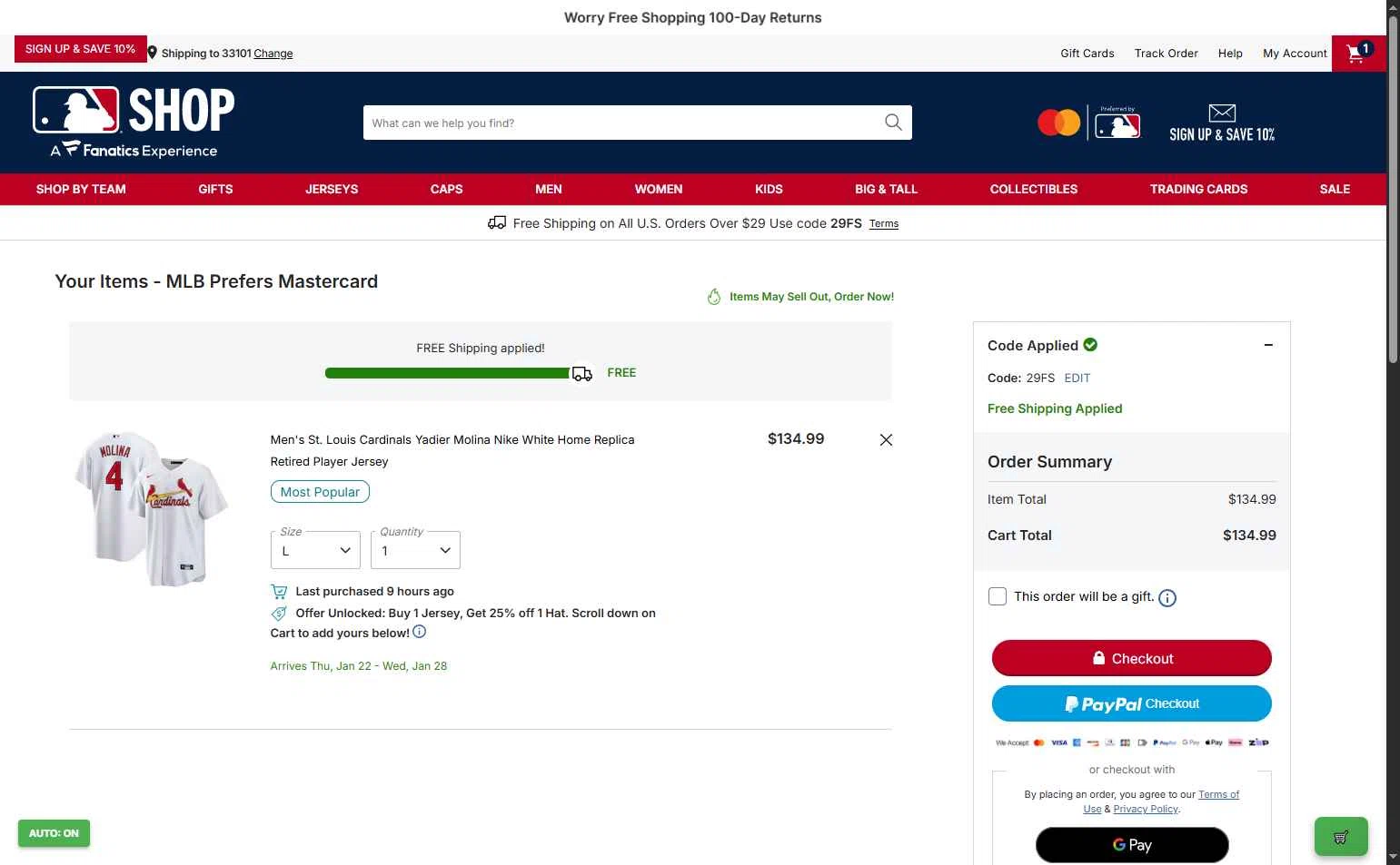 Cleveland Guardians checkout page showing Cleveland Guardians coupon code box | Screenshot taken by SimplyCodes community member on Jan 3, 2026