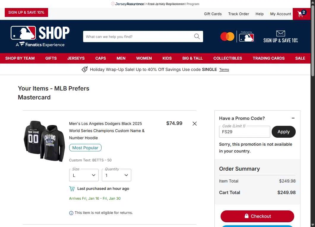 Cleveland Guardians checkout page showing Cleveland Guardians coupon code box | Screenshot taken by SimplyCodes community member on Dec 29, 2025