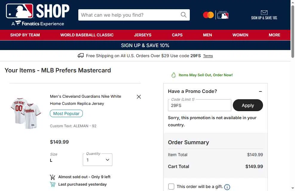 Cleveland Guardians checkout page showing Cleveland Guardians coupon code box | Screenshot taken by SimplyCodes community member on Jan 21, 2026