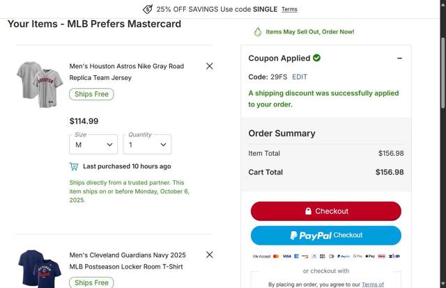 Cleveland Guardians checkout page showing Cleveland Guardians coupon code box | Screenshot taken by SimplyCodes community member on Oct 5, 2025