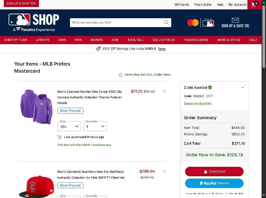 Cleveland Guardians checkout page showing Cleveland Guardians coupon code box | Screenshot taken by SimplyCodes community member on Jan 15, 2026